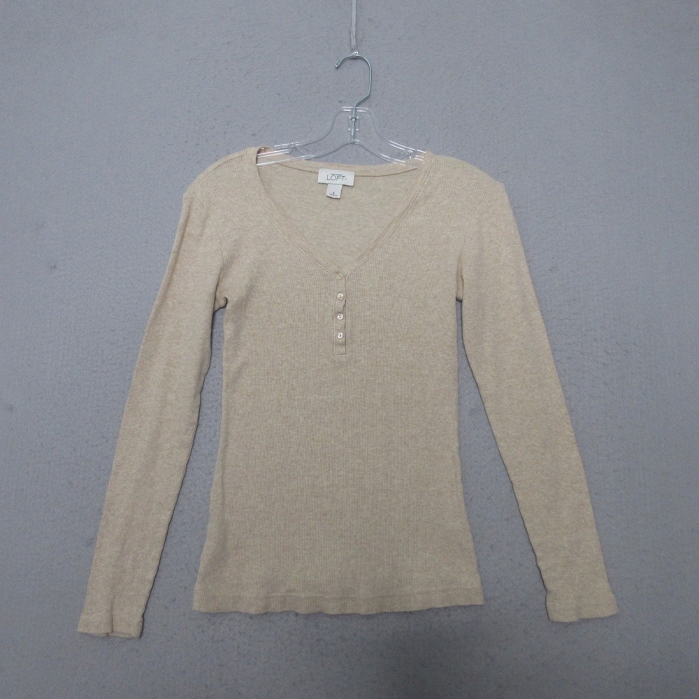 Vintage Ann Taylor LOFT Top Henley Ribbed Neutral Y2K 90s Minimal Bella Fitted